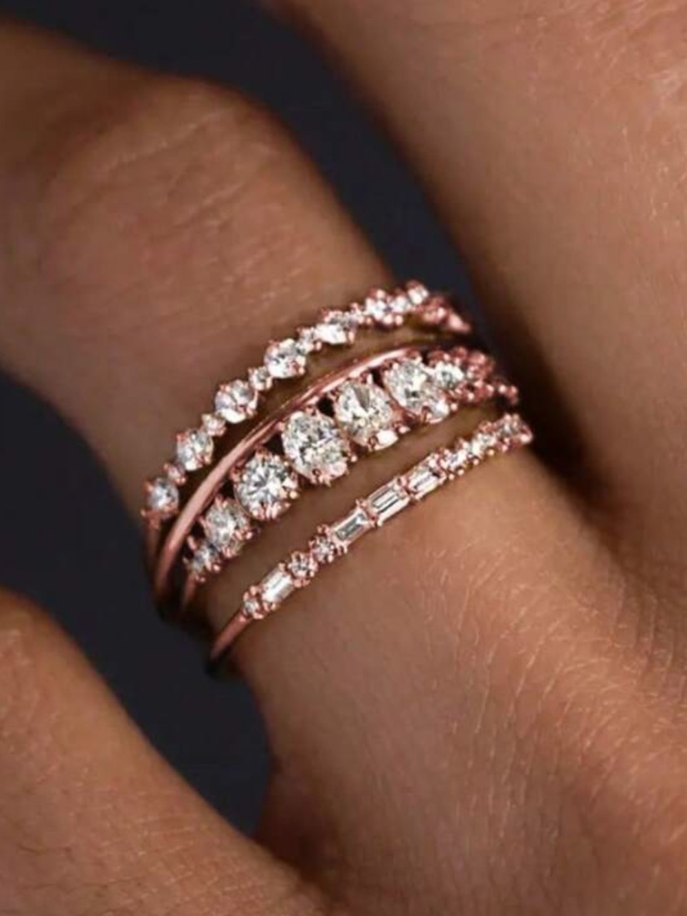 Elegant Rose Gold Stacked Diamond Ring Set